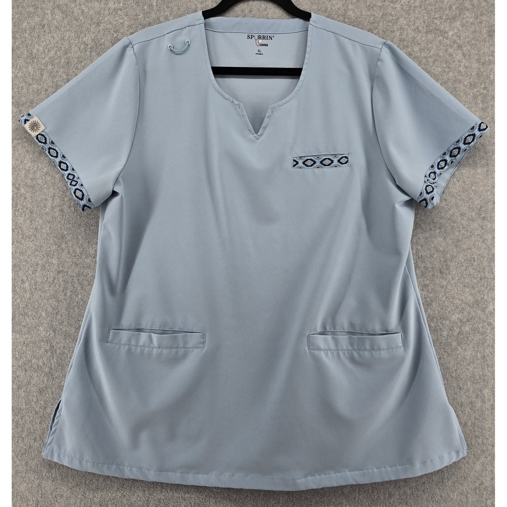 Spurrin Scrubs Women's Western Scrub Top Sz XL Light Blue‎ Tribal Trim Cowgirl